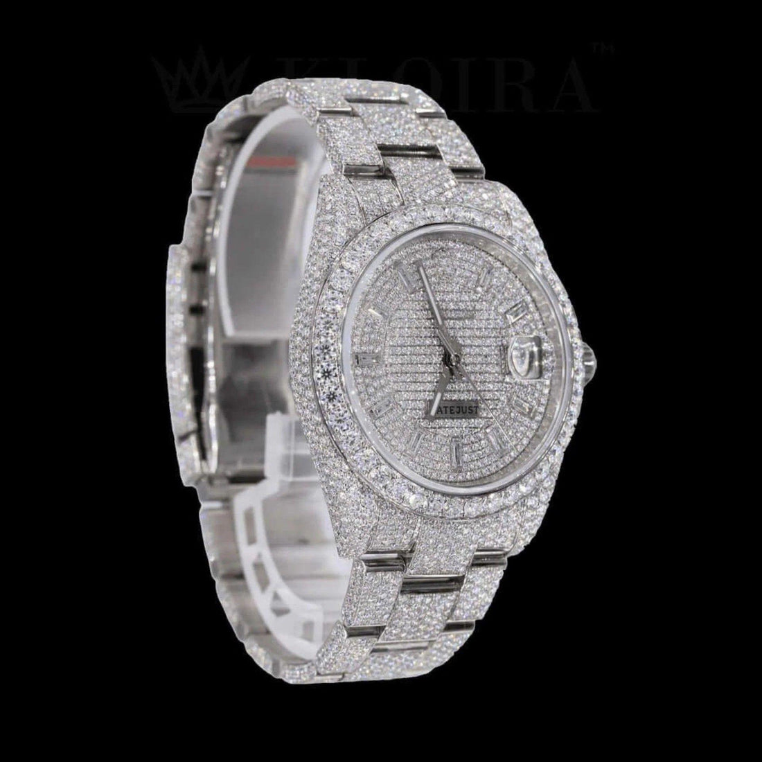 Iced Out Date Display Stick Dial Moissanite Diamond Watch Front View