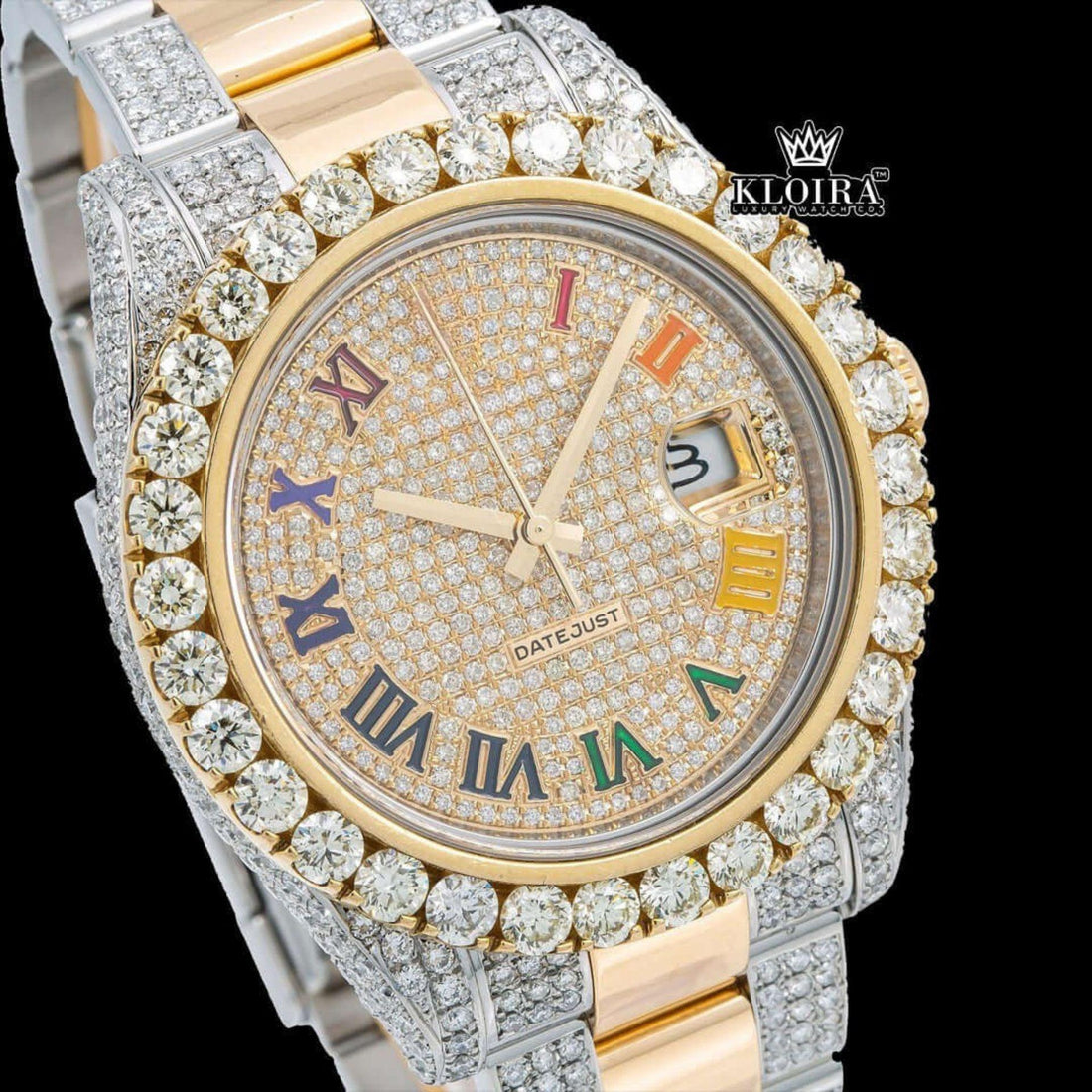 Iced Out Datejust Moissanite Watch Rainbow Roman Numeral Two Tone 42mm Front View