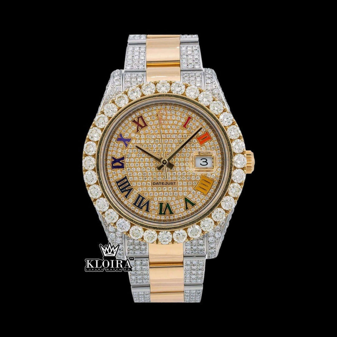 Iced Out Datejust Moissanite Watch Rainbow Roman Numeral Two Tone 42mm Front View
