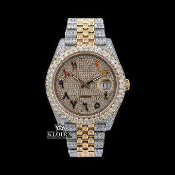 Iced Out Datejust Multicolor Arabic Dial Moissanite Gold Watch 42mm Front View