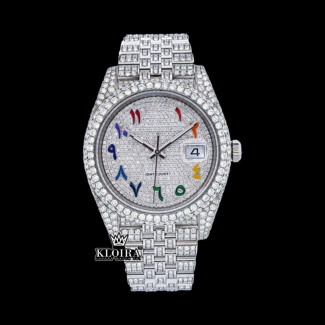 Iced Out Datejust Rainbow Arabic Dial Moissanite Watch 14K Gold 42mm Front View
