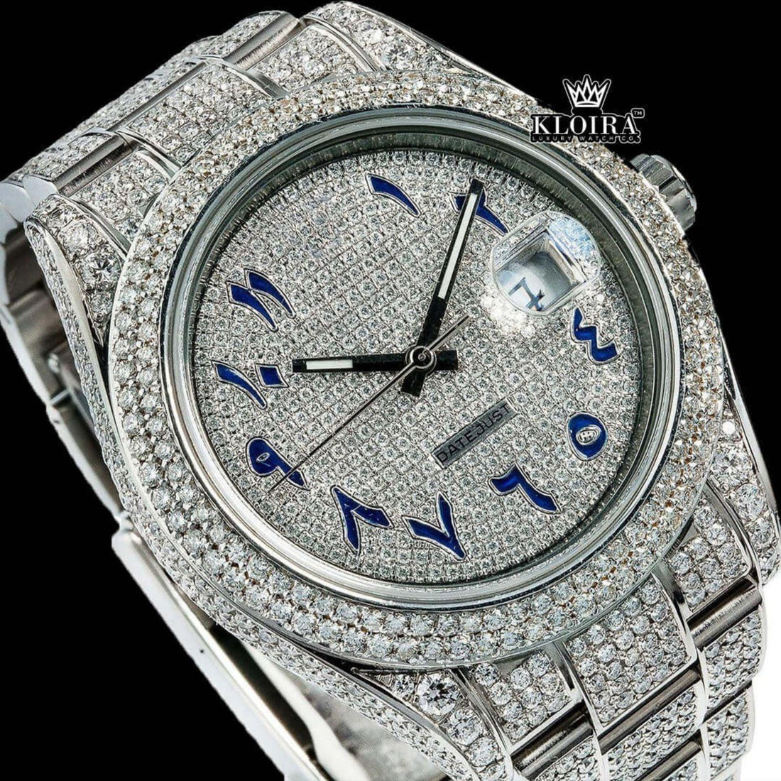 Iced Out Datejust Rolex Inspired Blue Arabic Dial Watch 14K Gold VVS 42mm Front View