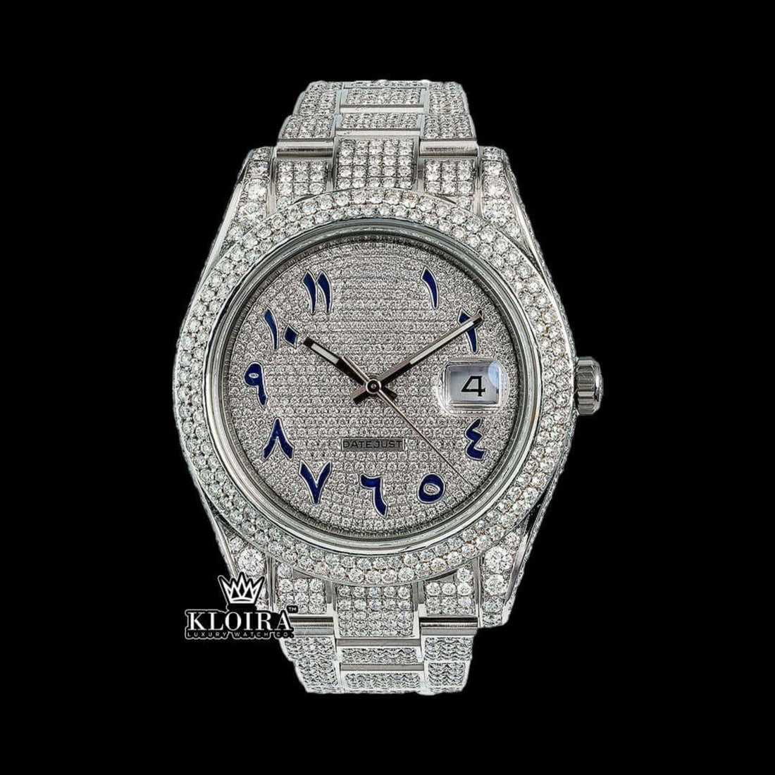 Iced Out Datejust Rolex Inspired Blue Arabic Dial Watch 14K Gold VVS 42mm Front View
