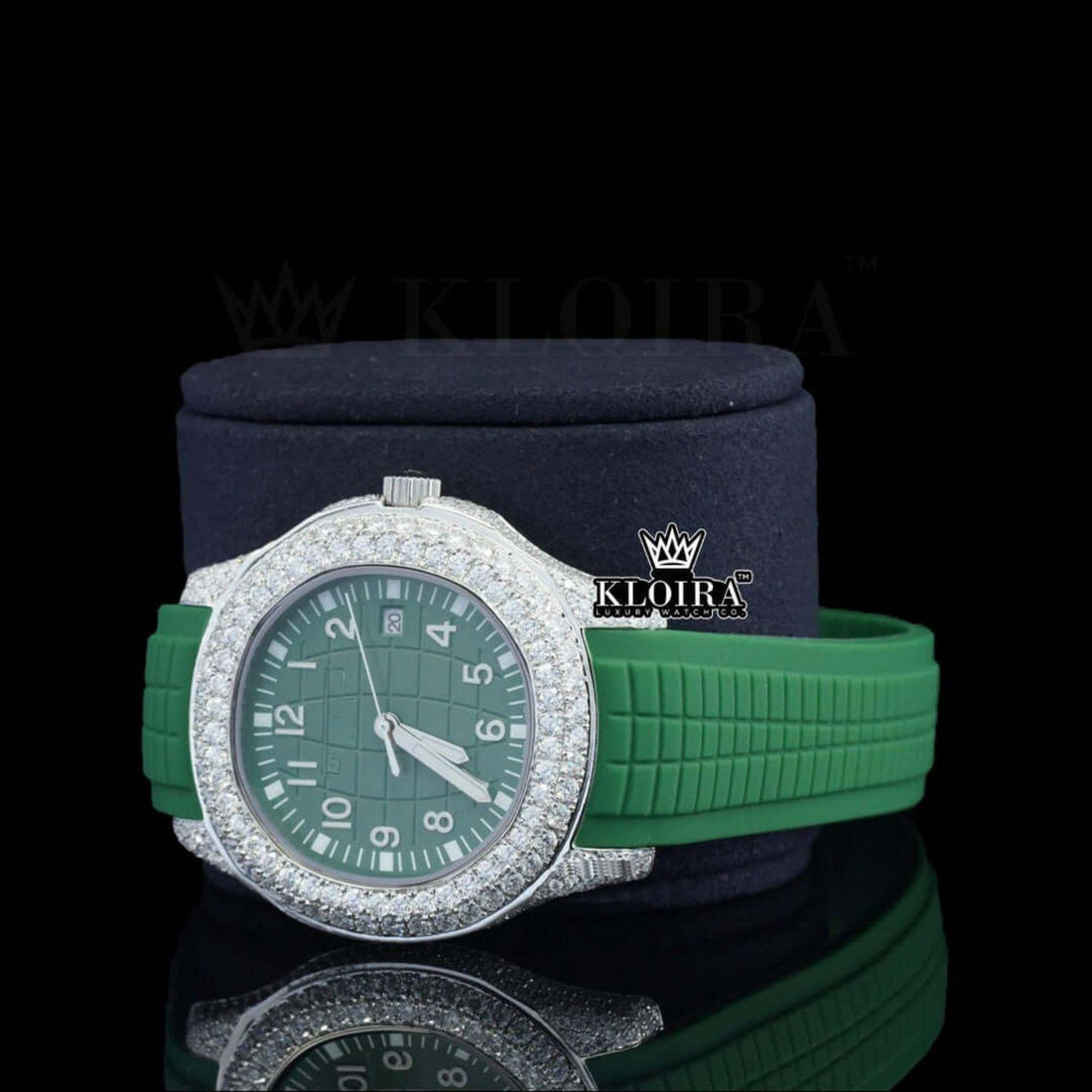 Iced Out Green Dial Silicon Strap Moissanite Diamond Watch Front View