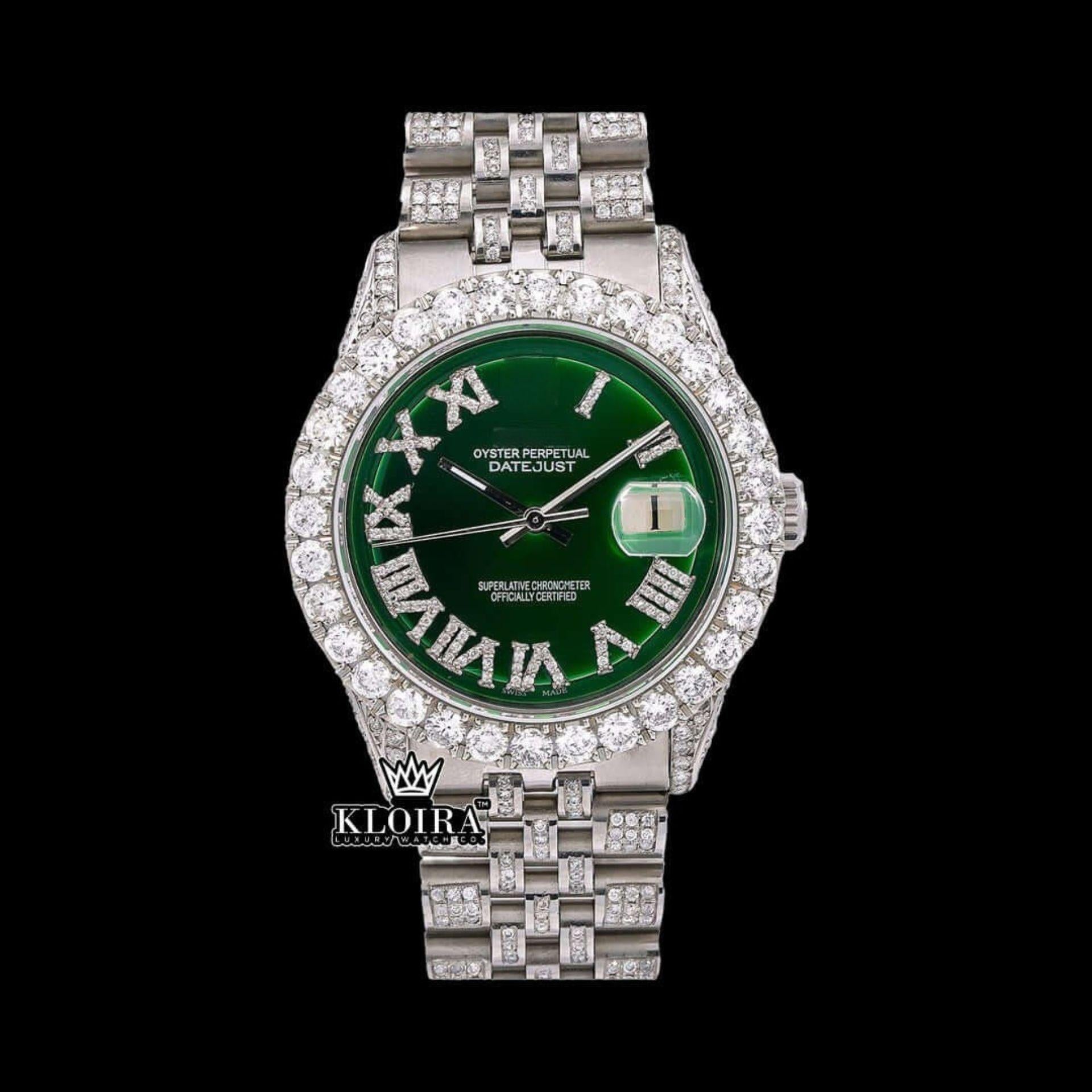Iced Out Green Roman Dial Luxury Moissanite Watch Front View