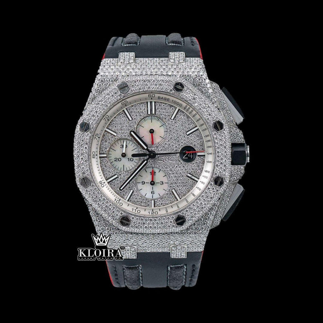Iced Out Moissanite Diamond Chronograph Watch Black Leather Strap Front View