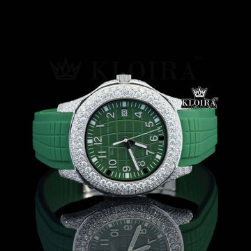 Iced Out Patek Inspired Green Dial Moissanite Silicon Strap Watch Front View