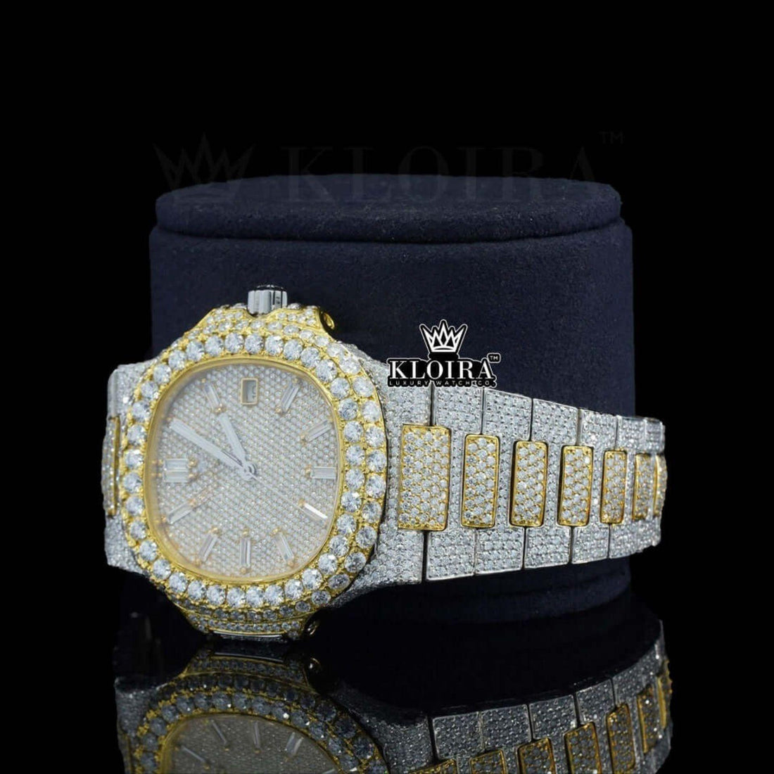 Iced Out Patek Philippe Inspired Natural Diamond Watch14K Gold VVS 26 Ct 42mm Front View