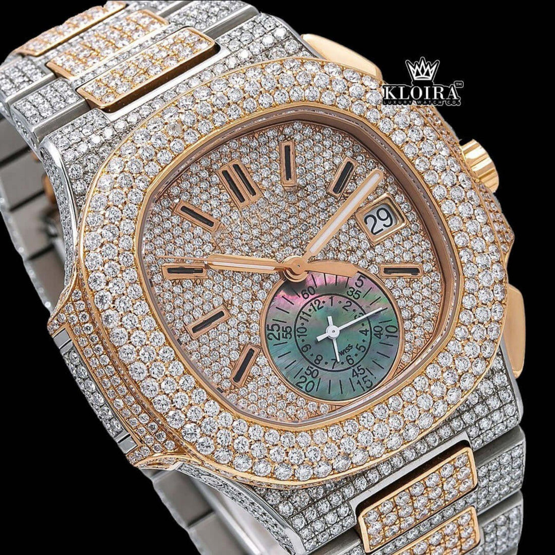Iced Out Patek Philippe Moissanite Watch Front Face View
