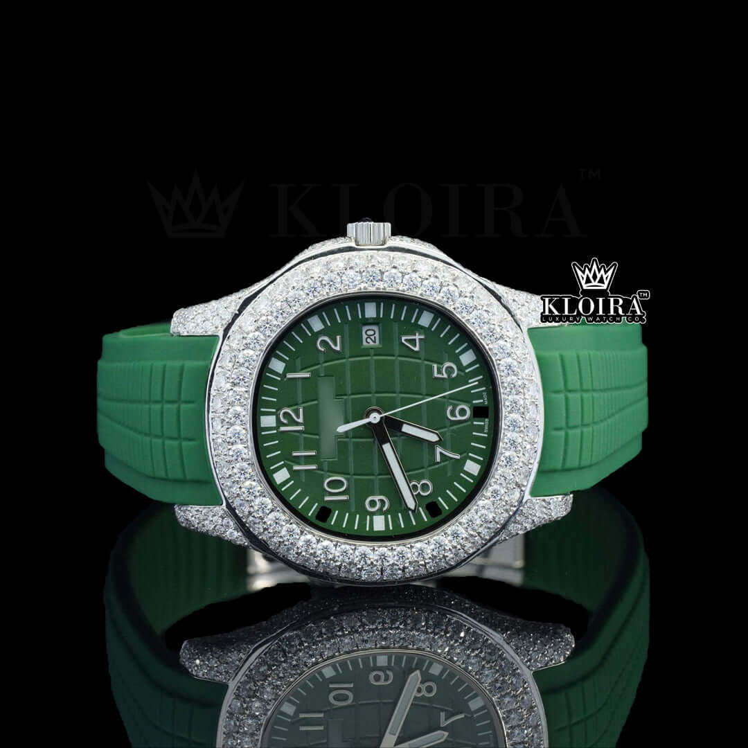 Iced Out Patek Style Green Dial Moissanite Diamond Watch with Silicon Strap Front View
