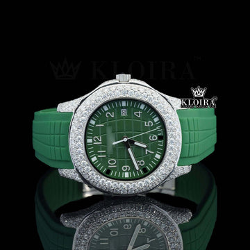 Iced Out Patek Style Green Dial Moissanite Diamond Watch with Silicon Strap Front View