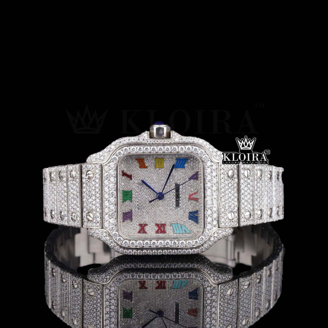 Iced Out Rainbow Roman Dial Moissanite Diamond Watch Front View
