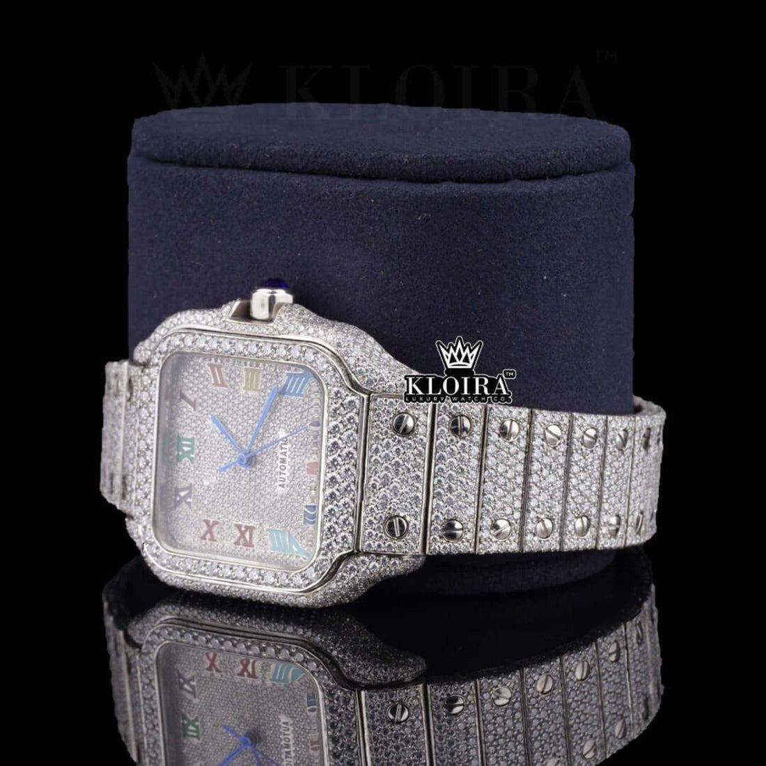 Iced Out Rainbow Roman Dial Moissanite Diamond Watch Front View