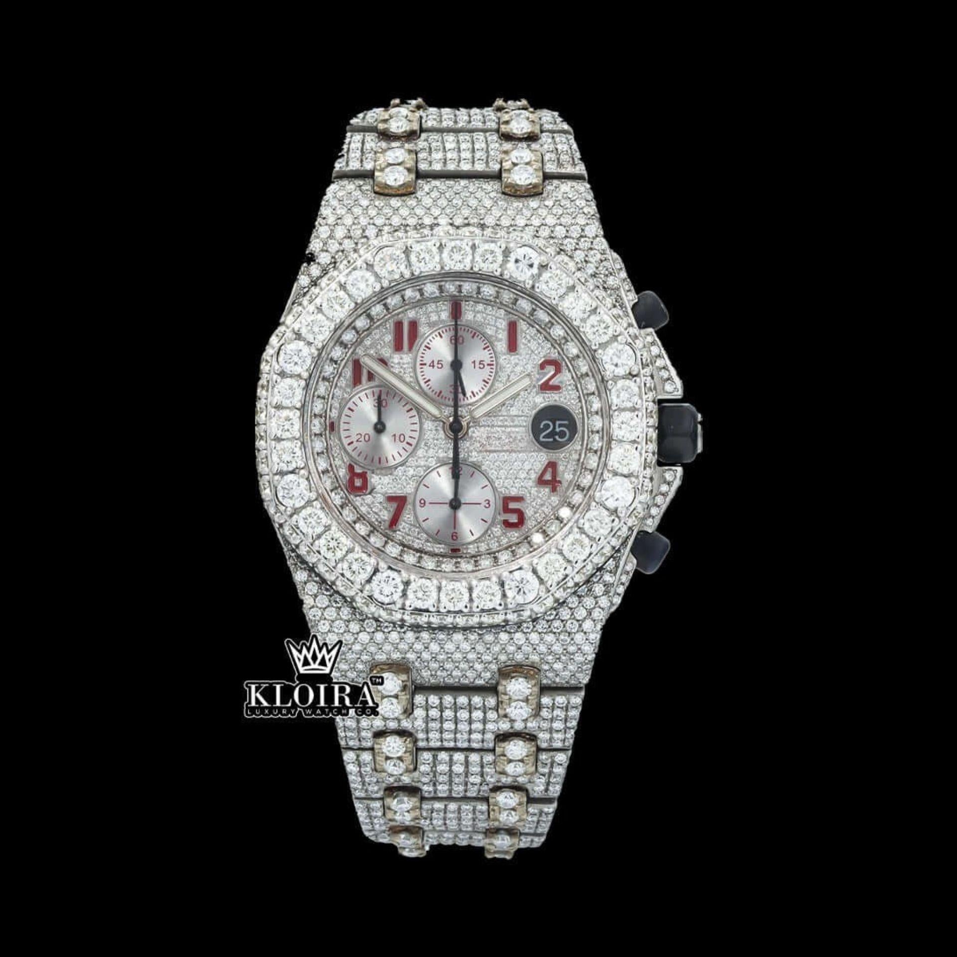 Iced Out Red Numerals Moissanite Diamond Watch 14K Gold VVS 42mm Front View