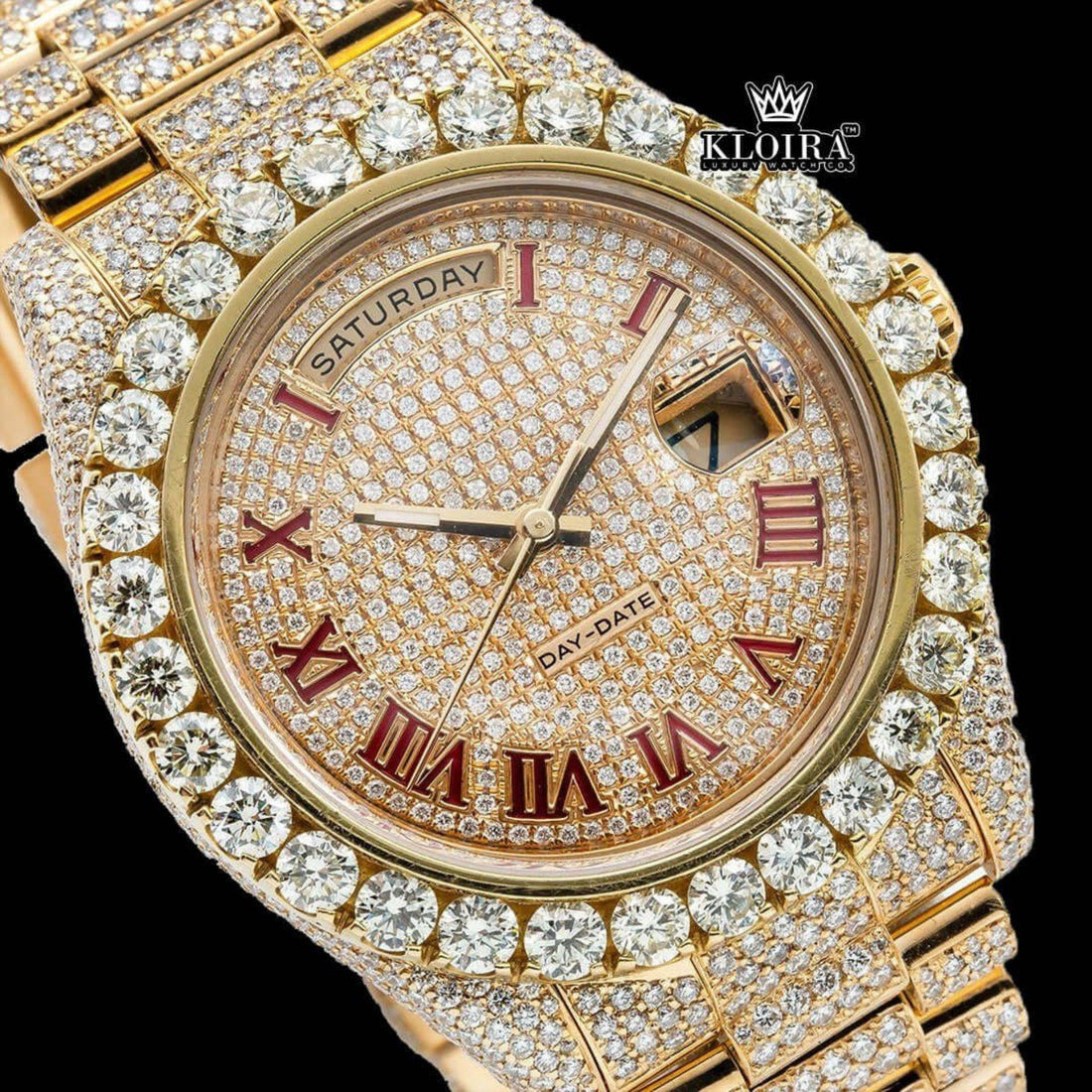 Iced Out Red Roman Numeral Ywllow Dial Moissanite Diamond Watch Front View