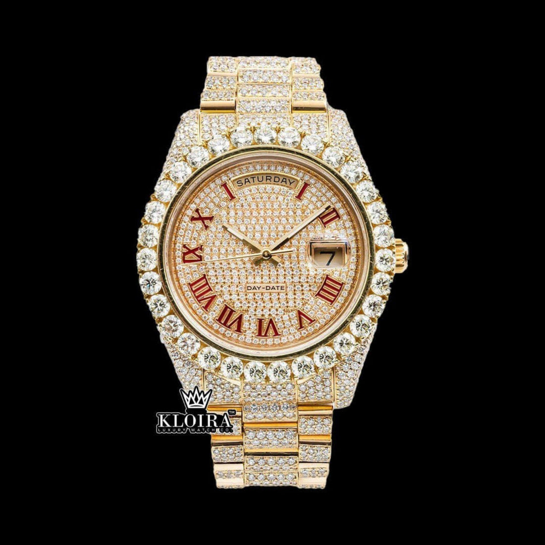 Iced Out Red Roman Numeral Ywllow Dial Moissanite Diamond Watch Front View