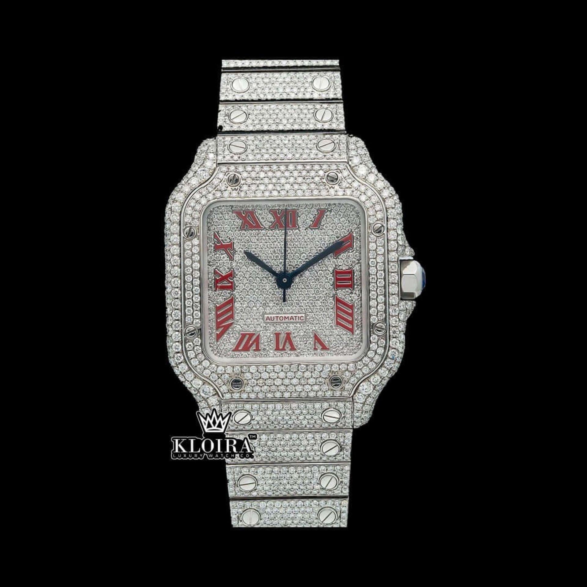 Iced Out Red Roman Numerals White Dial Moissanite Diamond Watch Front View