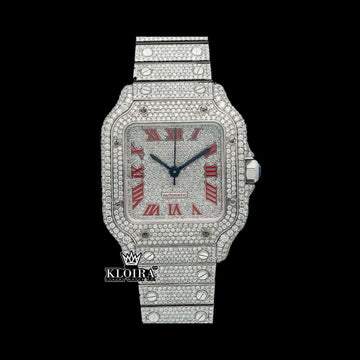 Iced Out Red Roman Numerals White Dial Moissanite Diamond Watch Front View