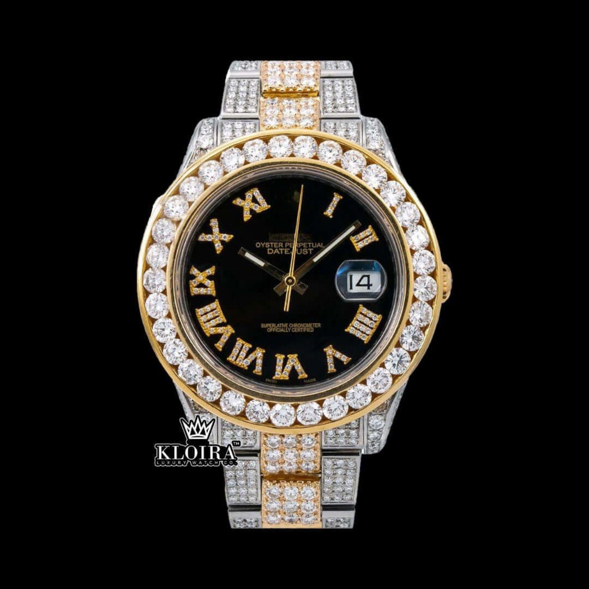 Iced Out Rolex Inspired Black Face Moissanite Diamond Watch 14K Gold 42mm Front View