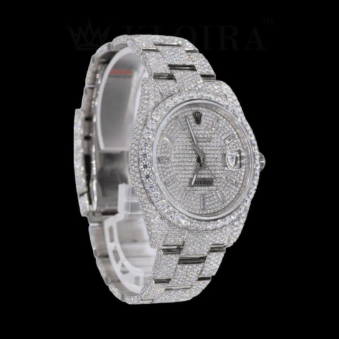 Iced Out Rolex Inspired Datejust Stick Dial Moissanite Diamond Watch Front View