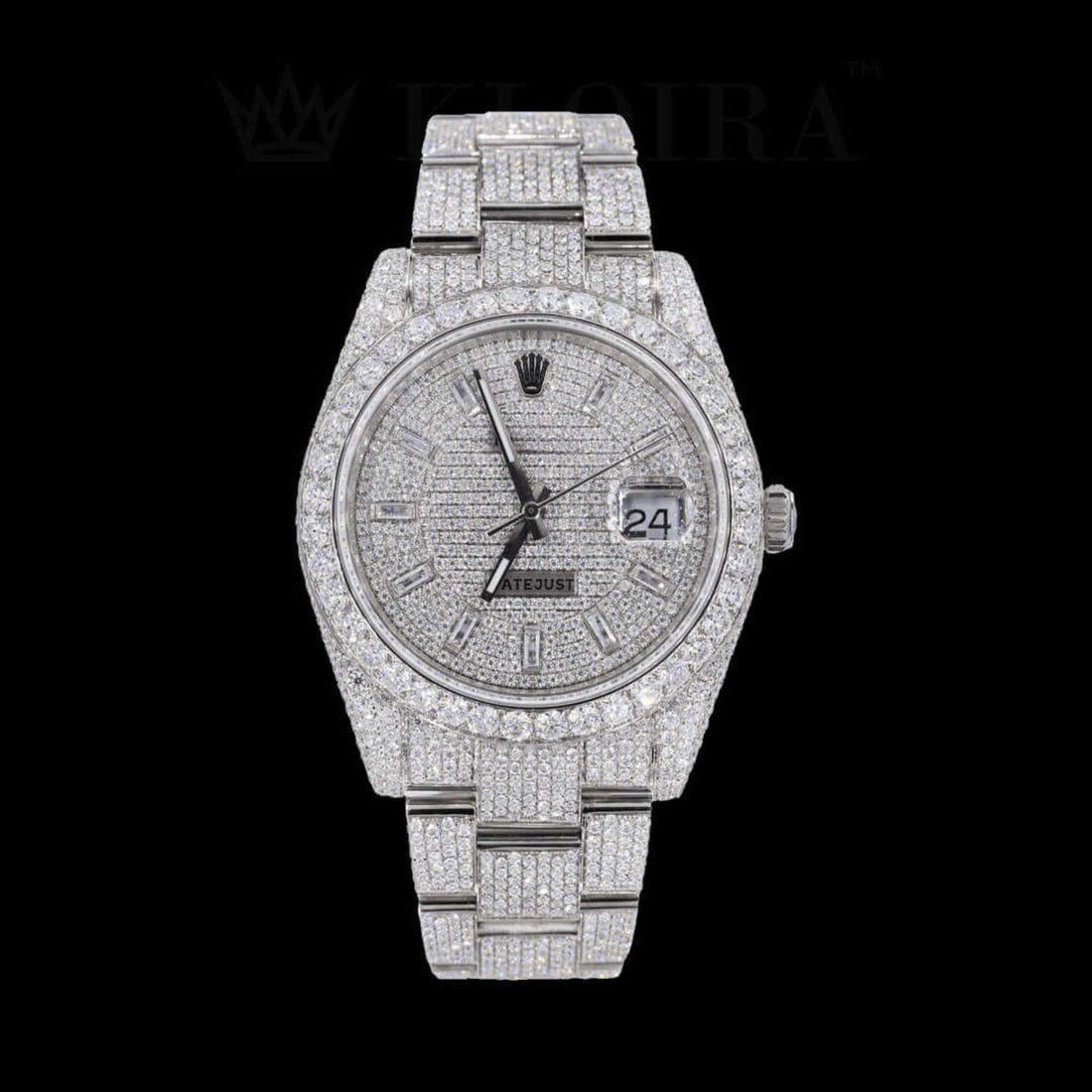 Iced Out Rolex Inspired Datejust Stick Dial Moissanite Diamond Watch Front View