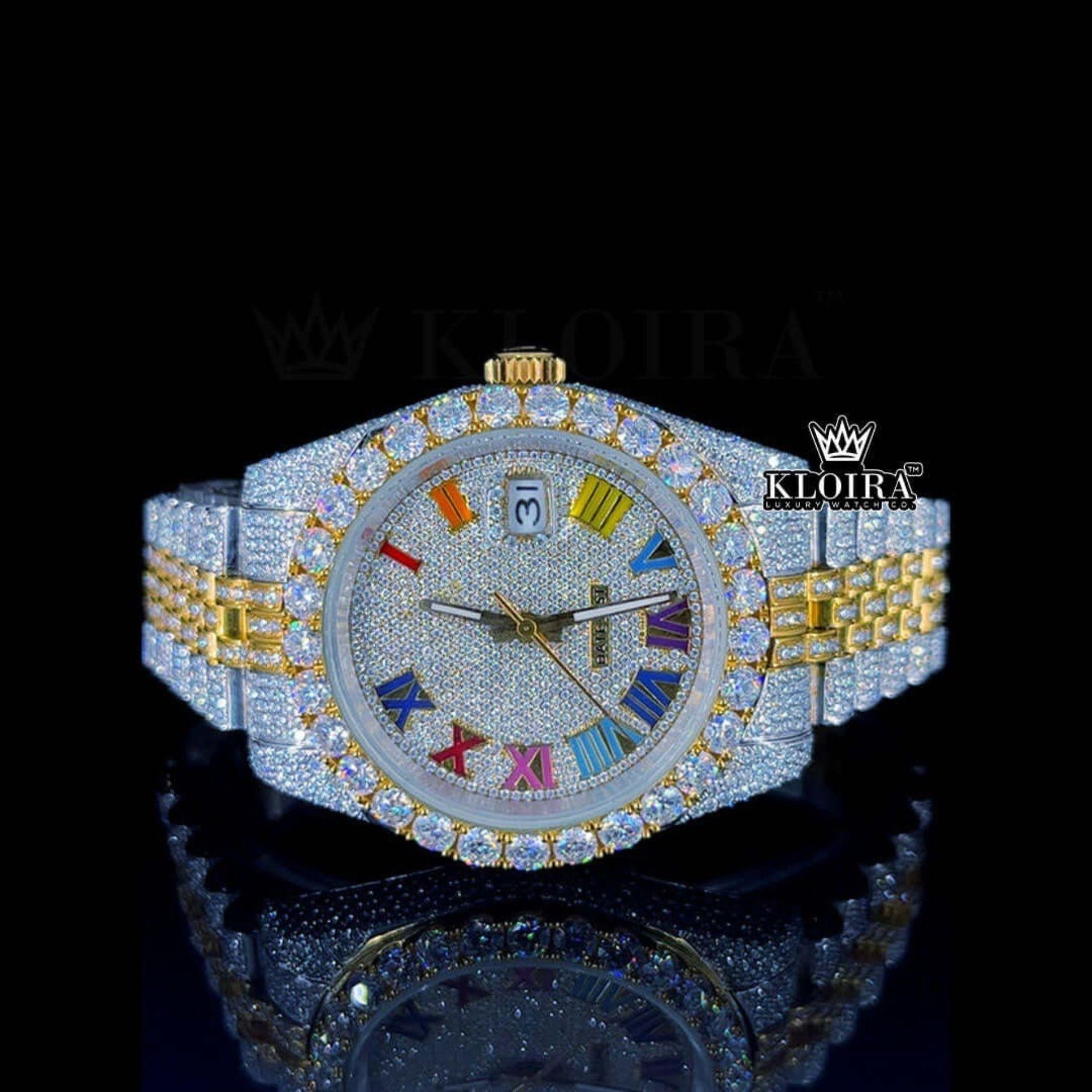 Iced Out Rolex Inspired Rainbow Dial Moissanite Watch Front View