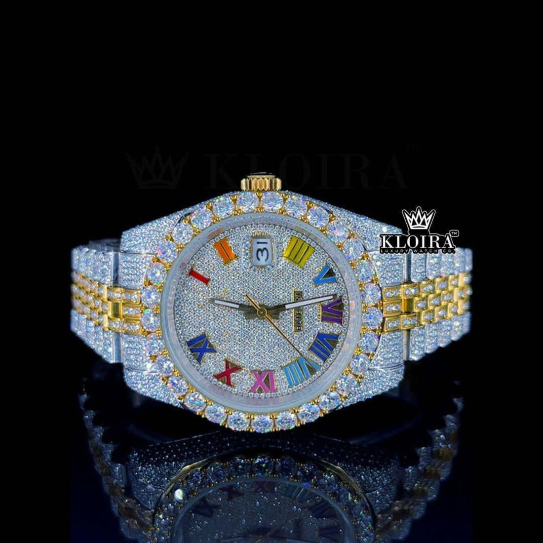 Iced Out Rolex Inspired Rainbow Dial Moissanite Watch Front View