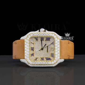 Iced Out Roman Dial Moissanite Brown Leather Strap Luxury Watch Front View