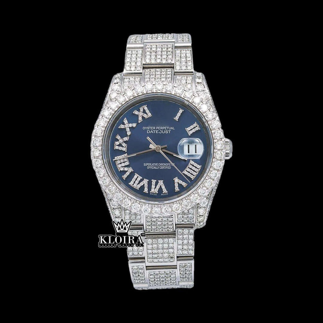 Iced Out Roman Numerals Blue Dial Moissanite Diamond Watch Front View
