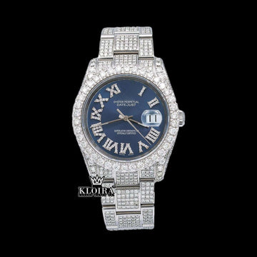 Iced Out Roman Numerals Blue Dial Moissanite Diamond Watch Front View