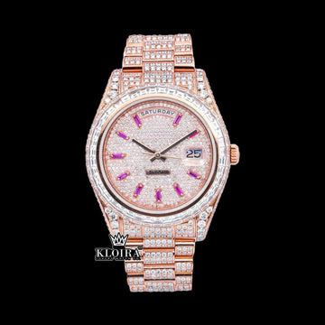 Iced Out Rose Gold Day Date Purple Markers Moissanite Watch Front View