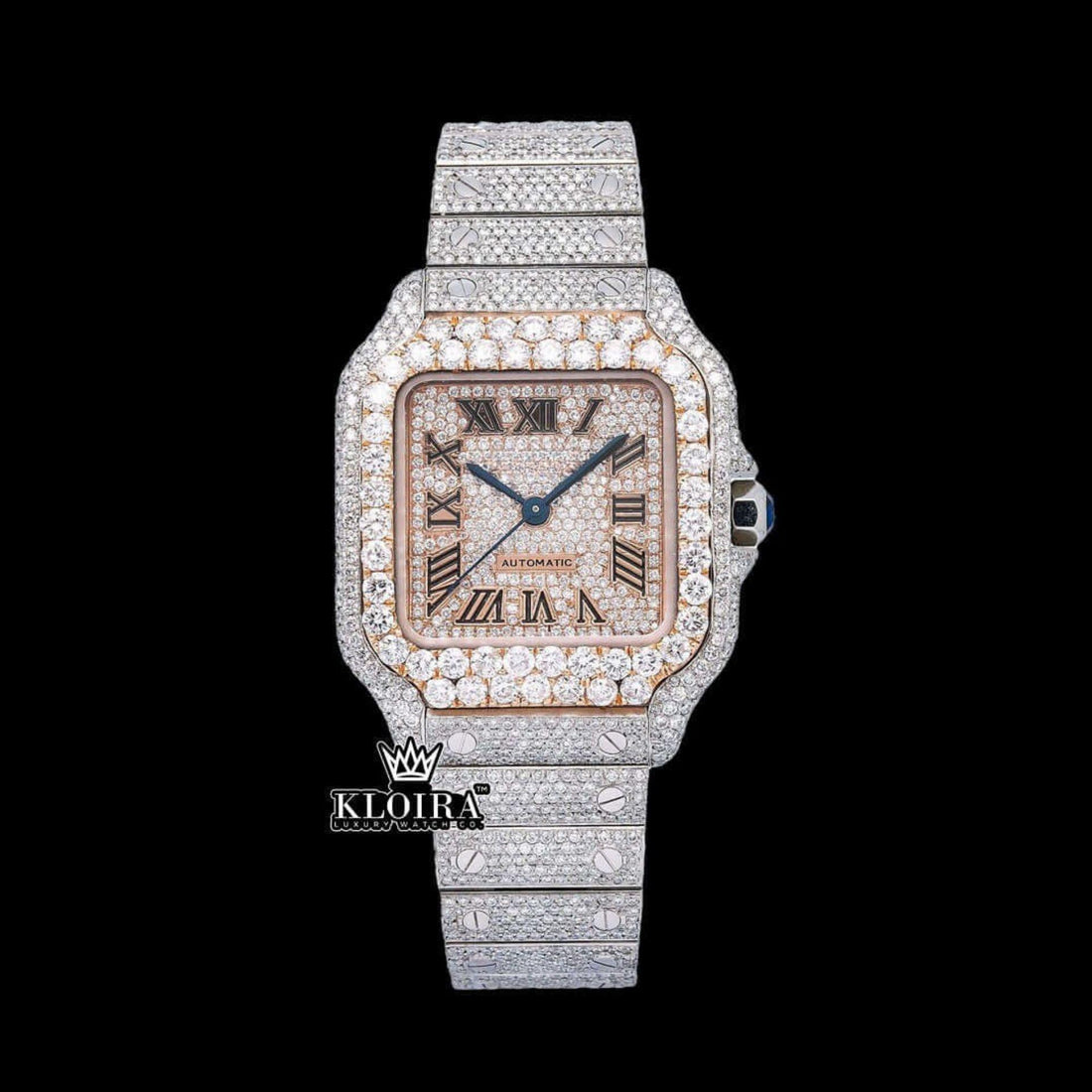 Iced Out Rose Gold Dial Cartier Inspired Moissanite Diamond Watch Front View