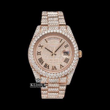 Iced Out Rose Gold Roman Dial Watch 14K Gold VVS 22 Carat 42mm Front View