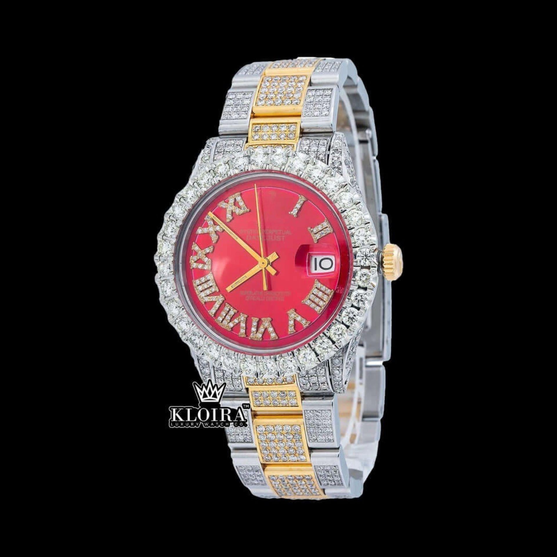 Iced Out Two Tone Red Dial Watch Moissanite 14K Gold VVS 20 Carat 42mm Front View