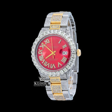 Iced Out Two Tone Red Dial Watch Moissanite 14K Gold VVS 20 Carat 42mm Front View