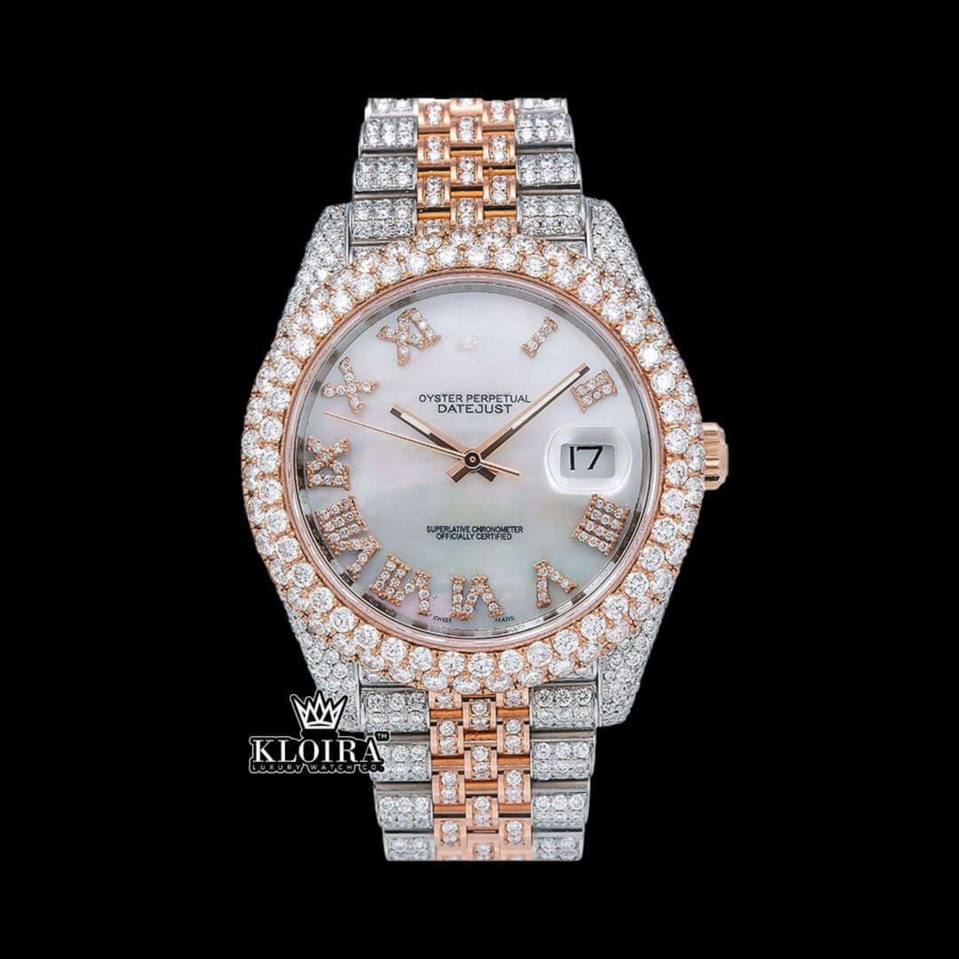 Iced Out Two Tone Rose Gold Dial Roman Numeral Moissanite Watch  Front View