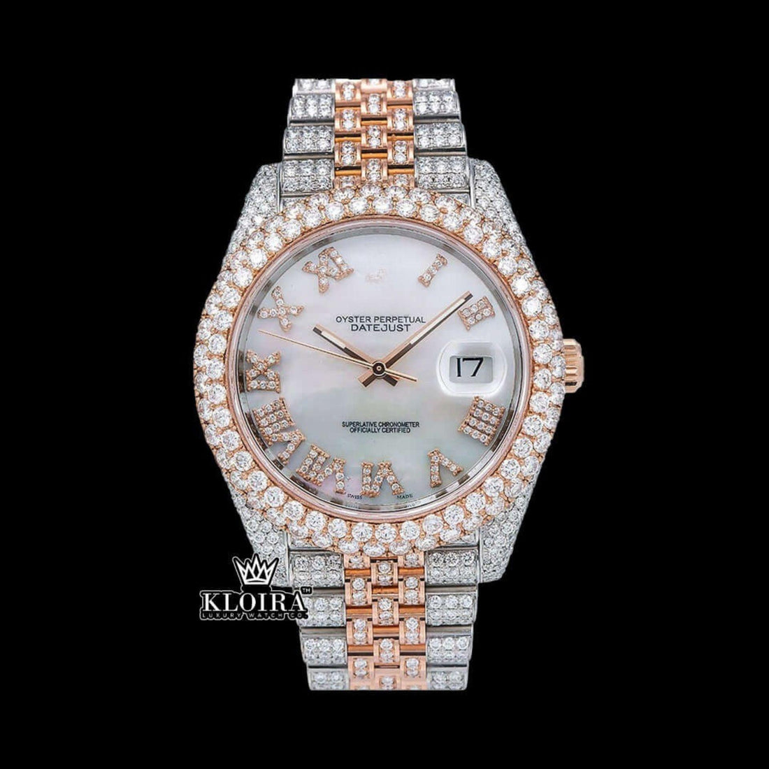 Iced Out Two Tone Rose Gold Moissanite Watch Roman Numeral 42mm Front View