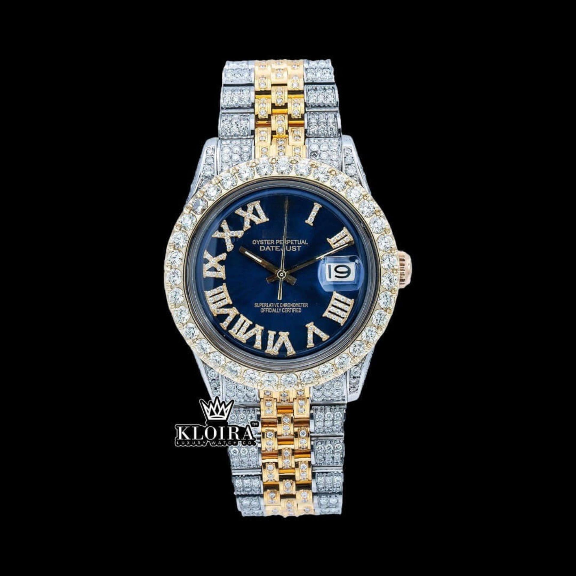 Iced Out Two Tone Watch Blue Roman Dial Moissanite 14K Gold 42mm Front View