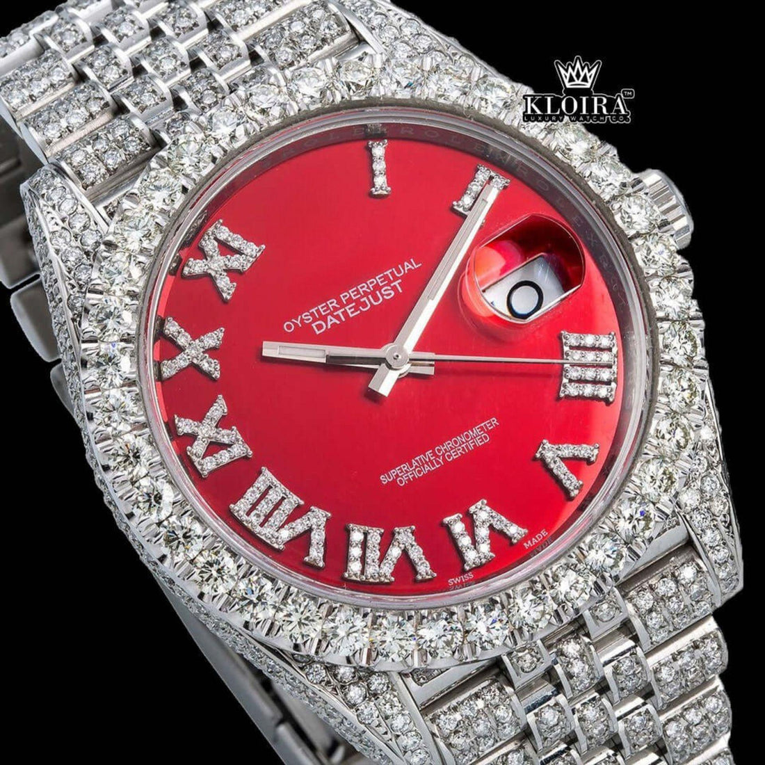 Iced Out Watch Red Dial Roman Numeral Moissanite 14K Gold 42mm Front View