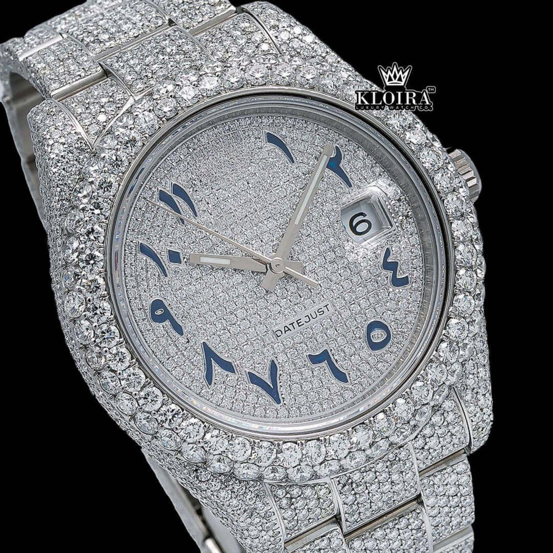 Iced Out White Dial Blue Arabic Numerals Moissanite Diamond Watch Front View