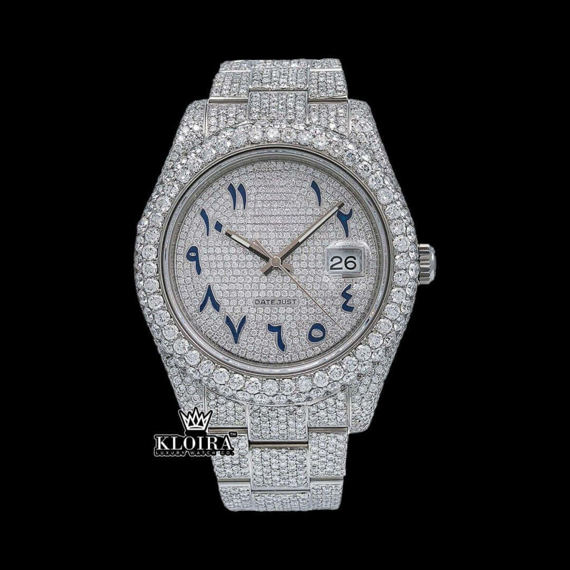 Iced Out White Dial Blue Arabic Numerals Moissanite Diamond Watch Front View