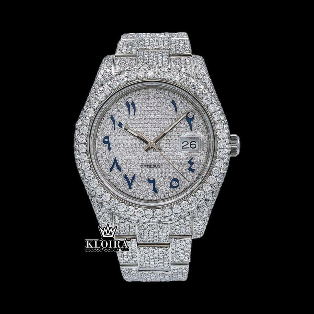 Iced Out White Dial Blue Arabic Numerals Moissanite Diamond Watch Front View
