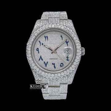 Iced Out White Dial Blue Arabic Numerals Moissanite Diamond Watch Front View