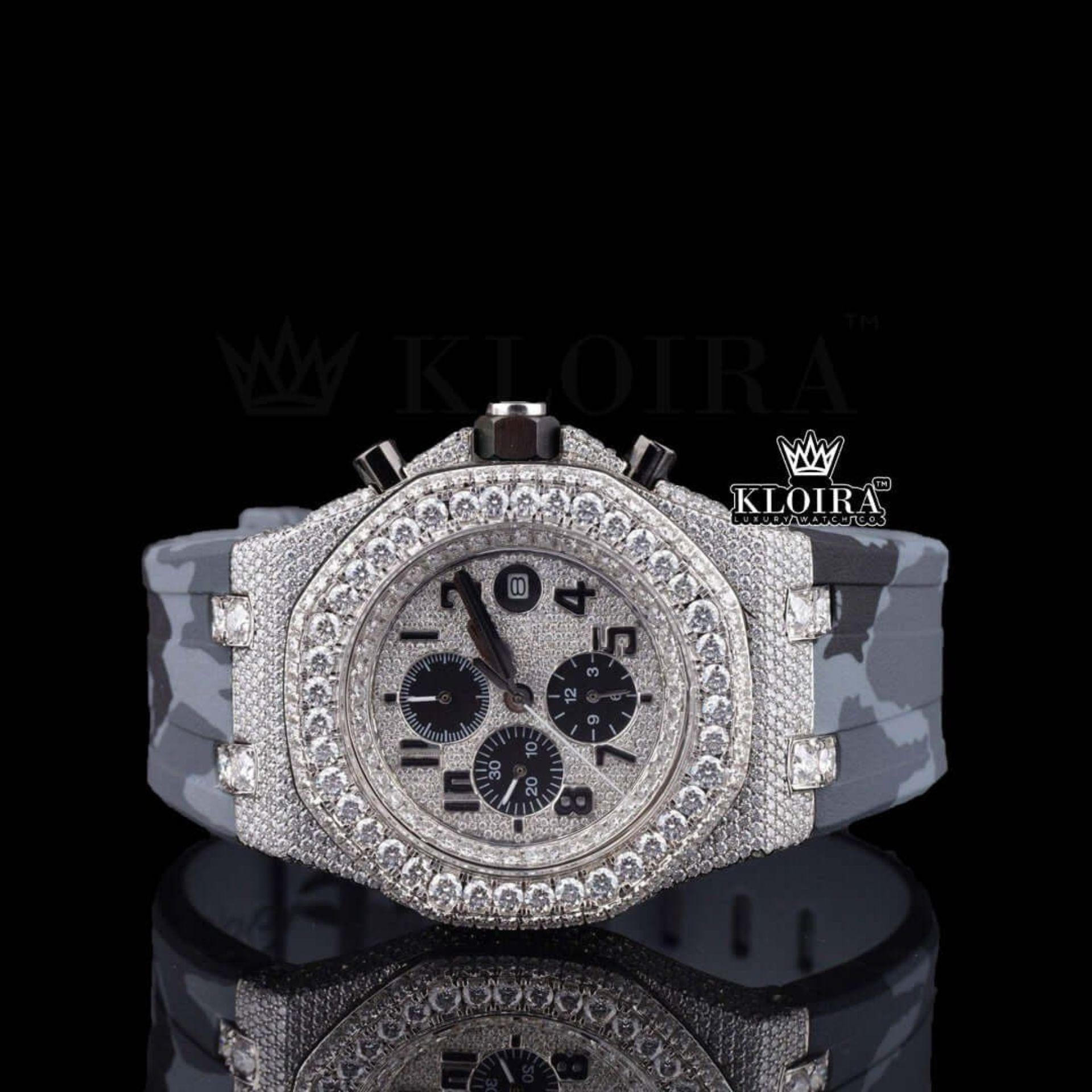 Iced Out White Dial Moissanite Diamond Watch Grey Camo Strap Front View