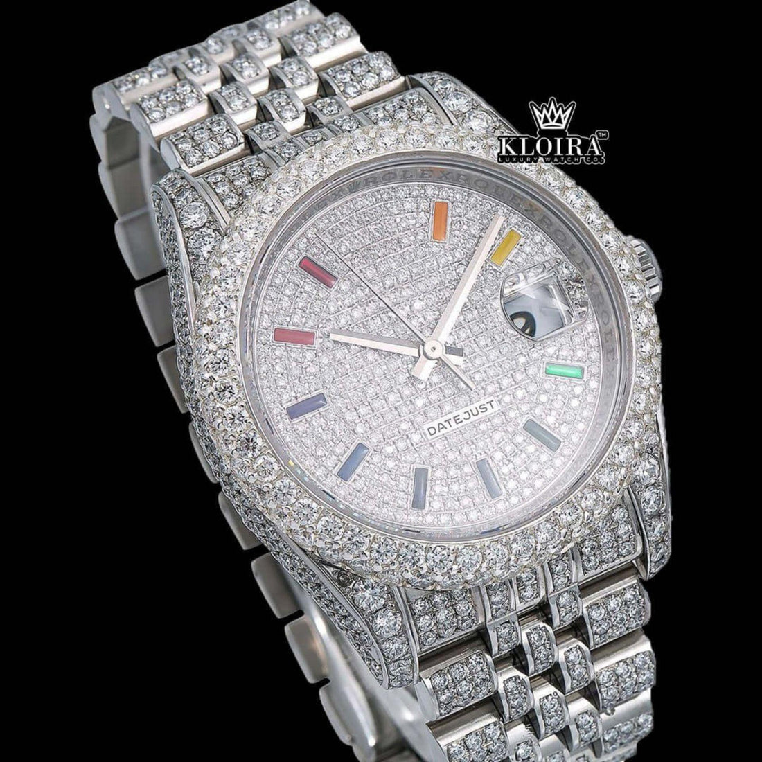 Iced Out White Dial Rainbow Stick Markers Moissanite Diamond Watch Front View