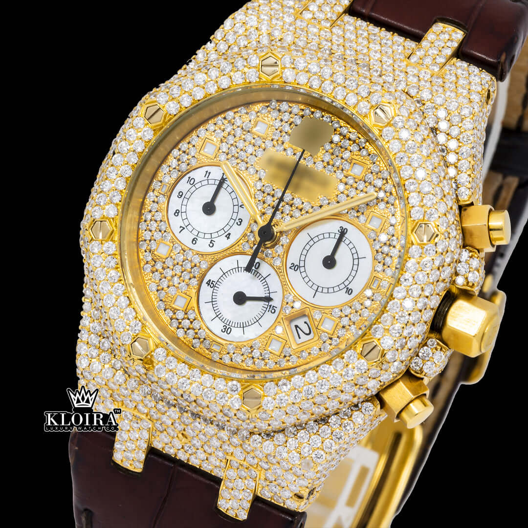 Iced Out Yellow Gold Dial Royal Oak Style Brown Leather Strap Moissanite Watch Front View