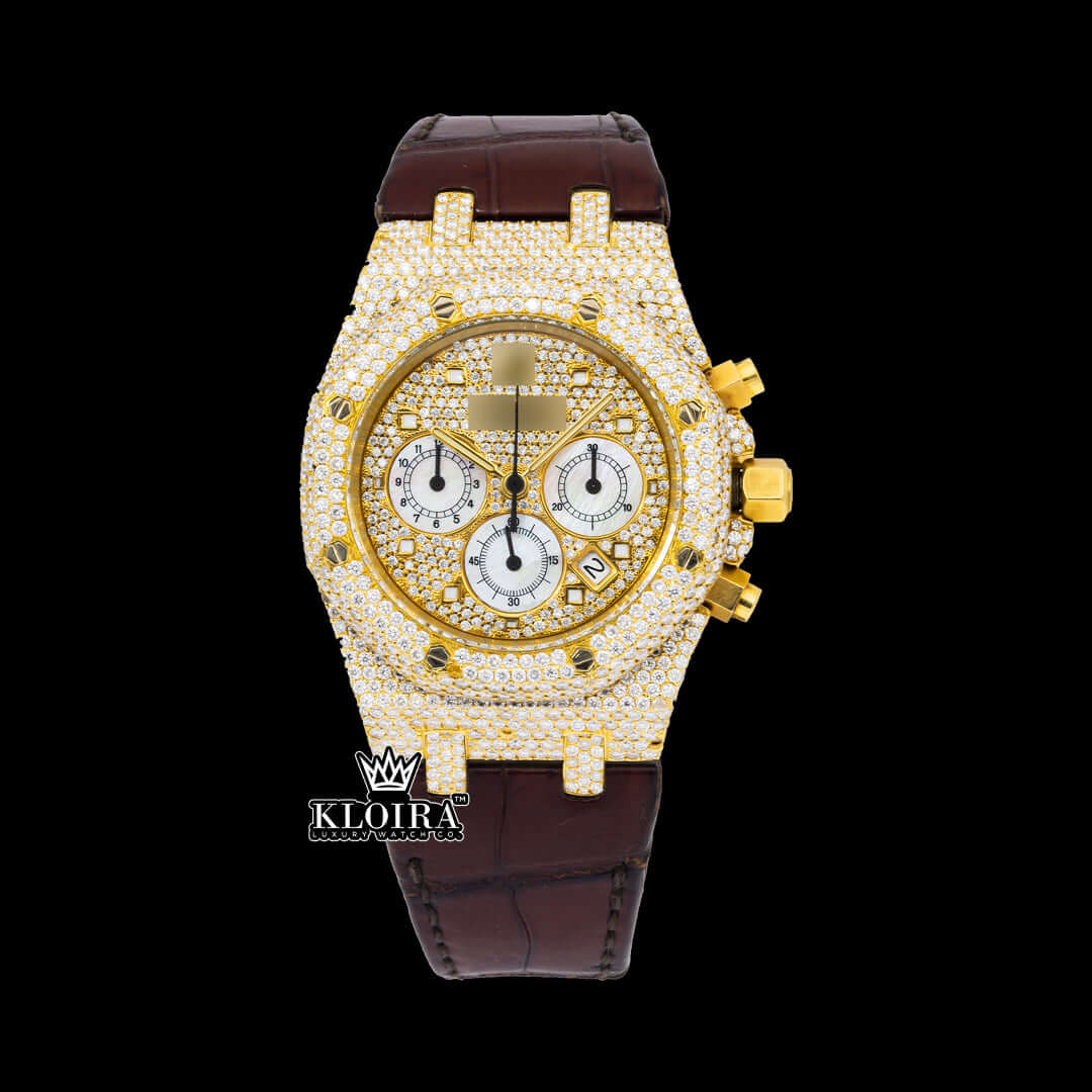 Iced Out Yellow Gold Dial Royal Oak Style Brown Leather Strap Moissanite Watch Front View