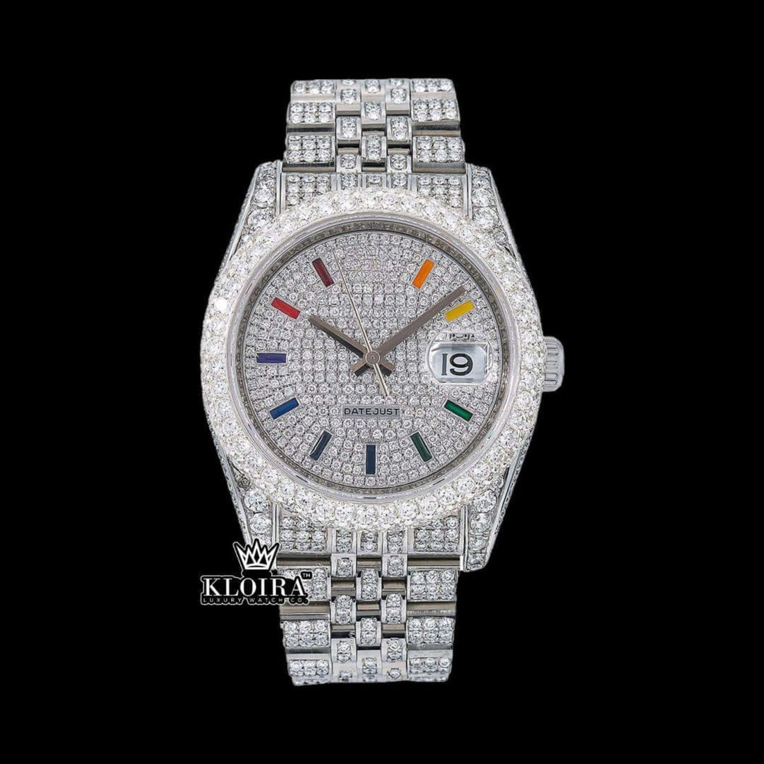 Iced out watch rainbow dial Moissanite Diamond 14K Gold VVS 20 Ct 42mm Front View
