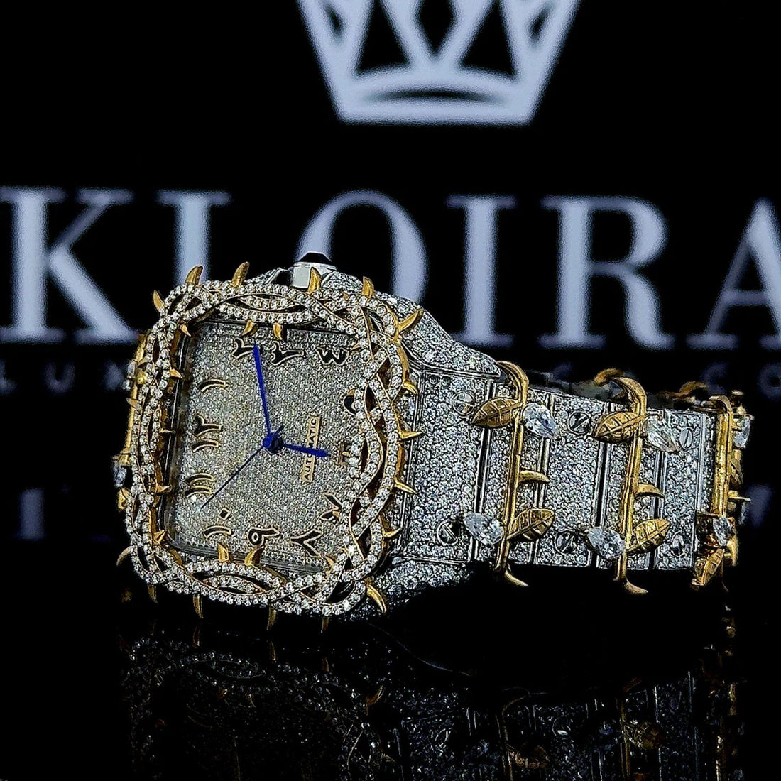 Jesus Thorn Yellow Gold Arabic Numerals Fully Iced Moissanite Diamond Watch Front View