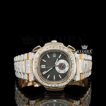 Lab-Grown Diamond Patek Inspired Black Dial Watch 14K Gold VVS 22 Carat 42mm Front View